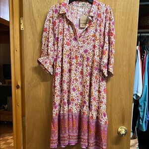 NATURAL LIFE Pink Floral Long Sleeve Tiered Dress New